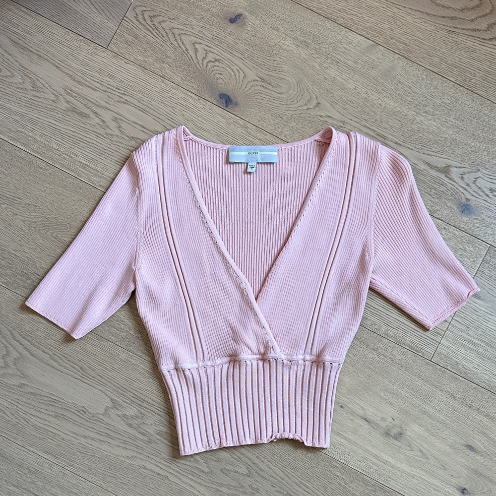 Guess Light Pink Ribbed Crop Top